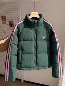 SHEIN Elladie kids 少女條紋蝴蝶結寬鬆冬季外套，Y2K上衣，秋季新款，校園風，綠色與粉色對比條紋裝飾夾克蝴蝶結秋季款 - 綠色 - 查看 3