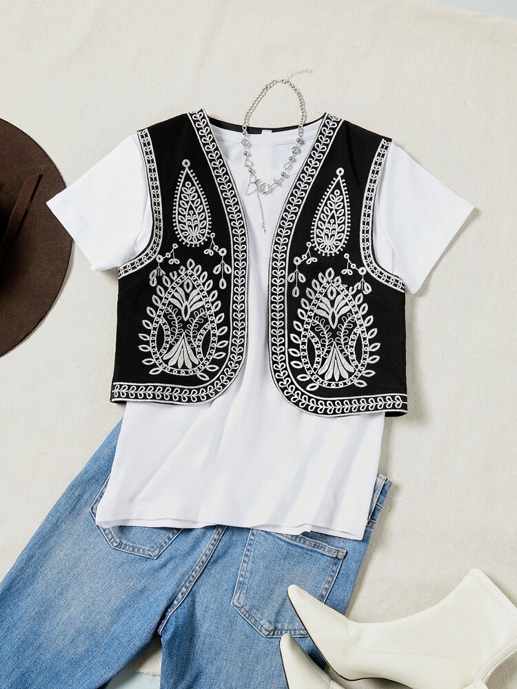 Frievida Women's Vest Open Front Cropped V Neck Sleeveless White Embroidery Vintage Boho Black Paisley Vests For Women Boho Vintage Black Top Festival Outfits - Black - View 7