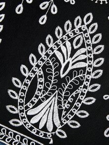 Frievida 女款前開襟短版V領無袖白色刺繡波西米亞復古黑色佩斯利花紋背心上衣，波西米亞復古風節慶穿搭 - 黑色 - 查看 4