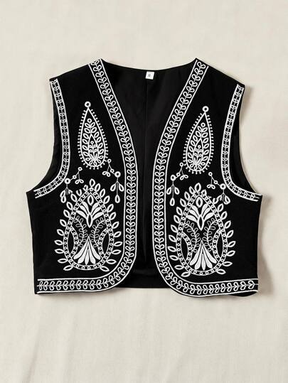 Frievida Women's Vest Open Front Cropped V Neck Sleeveless White Embroidery Vintage Boho Black Paisley Vests For Women Boho Vintage Black Top Festival Outfits