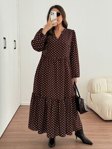 Easowa Curve 大尺碼女款缺口V領波點休閒1920年代復古1960年代優雅派對度假早午茶洋裝 秋季棕色 - 咖啡棕 - 查看 1