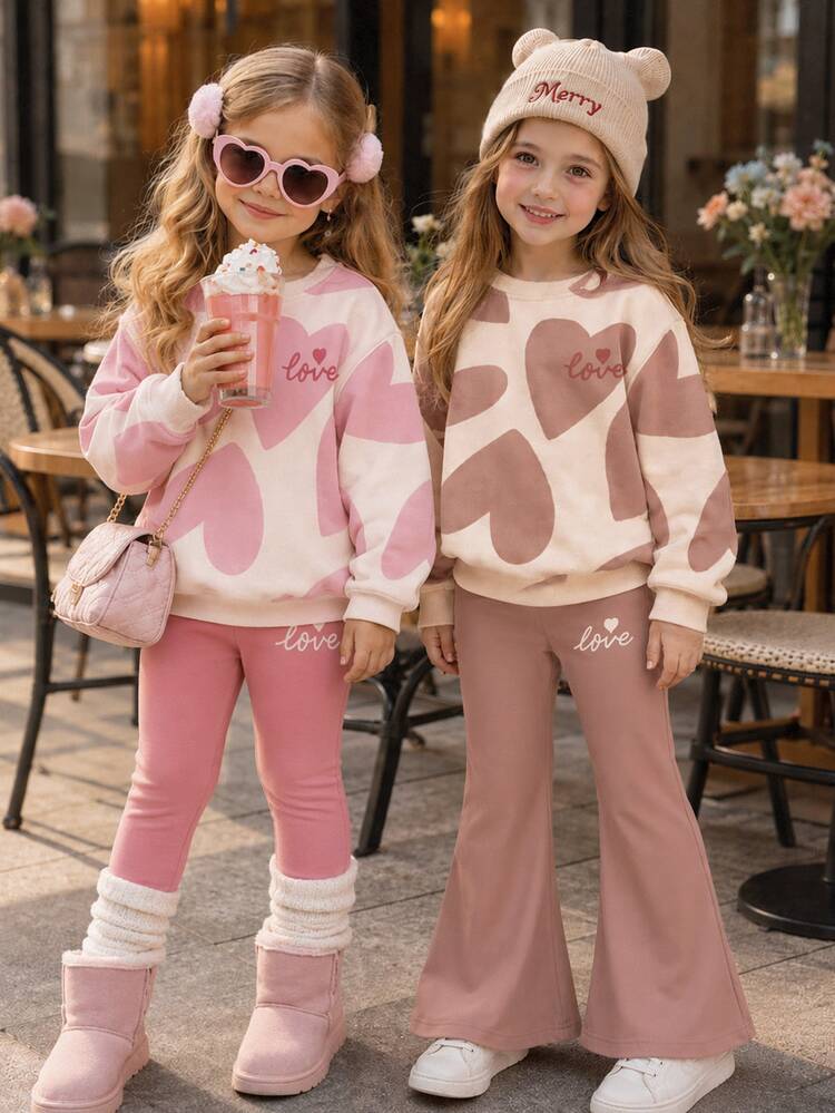 Sweet Cute Girl Abstract Geometric Heart Pattern Print, Young Girl Casual Comfortable Soft Warm Crew Neck Long Sleeve Sweatshirt & Flare Pants Set, Suitable For Autumn/Winter Daily Wear, Maillard Color Palette, Holiday, Cozy Season - Multicolor - View 7