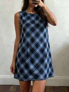 SHEIN LUNE Summer Casual Dress For Women, Deep Blue Plaid Print Pattern, Graphic Design, Versatile Everyday Wear, Travel & Vacation Style - Multicolor - View 1