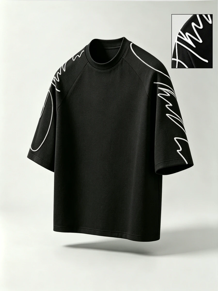 ROMWE MEN Street Life Men's Puff Print Loose Short Sleeve T-Shirt - Black - View 1