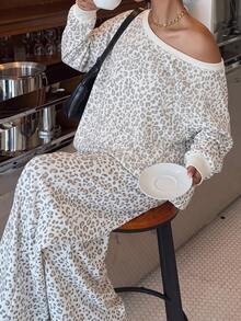 Muchica Plus Size Women's Leopard Print Long Sleeve Casual Off-Shoulder Sweatshirt And Sweatpants Set - Multicolor - View 4