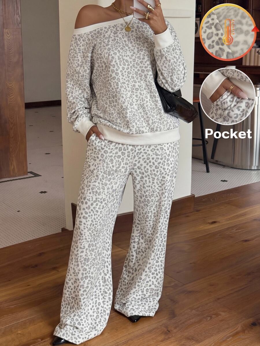 Muchica Plus Size Women's Leopard Print Long Sleeve Casual Off-Shoulder Sweatshirt And Sweatpants Set - Multicolor - View 1