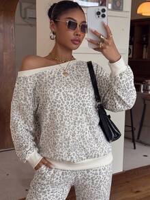 Muchica Plus Size Women's Leopard Print Long Sleeve Casual Off-Shoulder Sweatshirt And Sweatpants Set - Multicolor - View 3