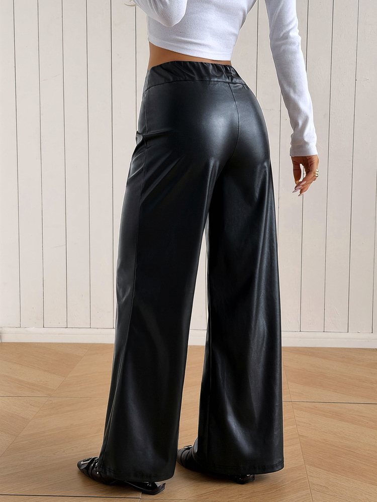 SHEIN EZwear Pantalones largos de cuero sintético negro de pierna ancha y holgados casuales para mujer - Negro - Añade 2