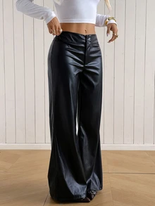 SHEIN EZwear 女款寬腿寬鬆休閒性感黑色PU皮革長褲，適合萬聖節之夜、外出、夜店、秋季 - 黑色 - 查看 6