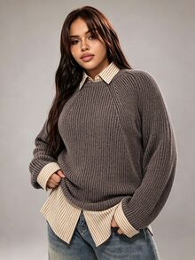 Rustia كنزة صوفية فضفاضة متعددة الاستخدامات بياقة مستديرة مخططة ذات ملمس مميز وأكمام طويلة، مناسبة للارتداء اليومي والخروجات في فصل الشتاء، مقاسات كبيرة - قهوة بني - مشاهدة 6