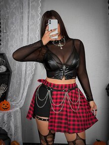 Whyspr Halloween Plus Size Punk Plaid Asymmetrical Pleated Skirt With Webbing Patchwork Shorts - Red - View 4