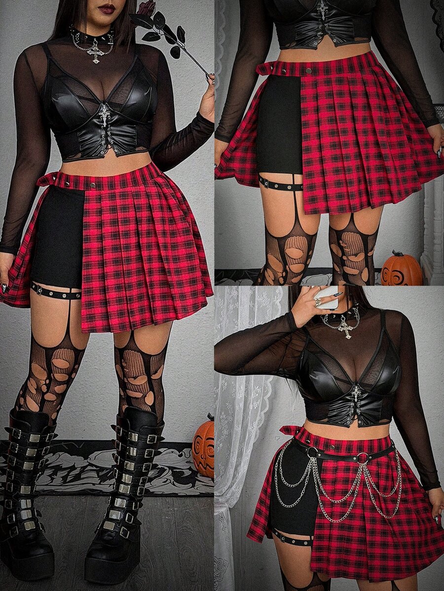 Whyspr Halloween Plus Size Punk Plaid Asymmetrical Pleated Skirt With Webbing Patchwork Shorts - Red - View 1