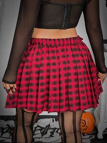 Whyspr Halloween Plus Size Punk Plaid Asymmetrical Pleated Skirt With Webbing Patchwork Shorts - Red - View 2