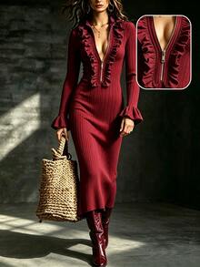 SHEIN Women's Solid Color Patchwork Ruffle Zipper Front Flare Sleeve Fitted Elegant Mid-Length Dress - Burgundy - View 5