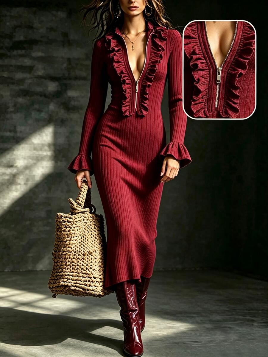 SHEIN Women's Solid Color Patchwork Ruffle Zipper Front Flare Sleeve Fitted Elegant Mid-Length Dress - Burgundy - View 1