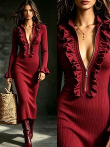 SHEIN Women's Solid Color Patchwork Ruffle Zipper Front Flare Sleeve Fitted Elegant Mid-Length Dress - Burgundy - View 1