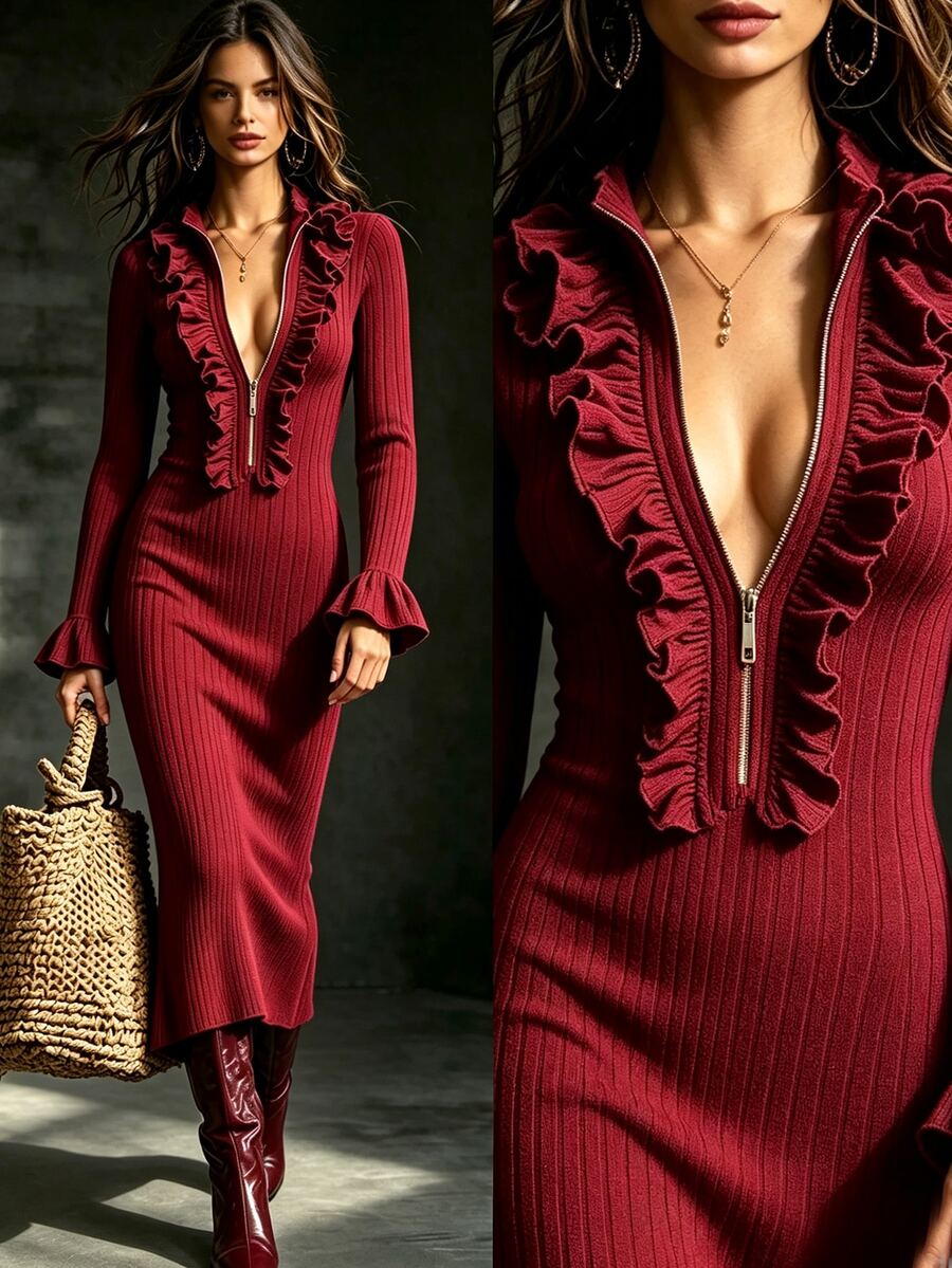 SHEIN Women's Solid Color Patchwork Ruffle Zipper Front Flare Sleeve Fitted Elegant Mid-Length Dress - Burgundy - View 1
