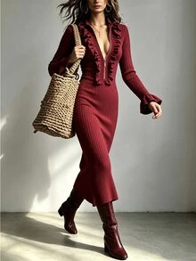 SHEIN Women's Solid Color Patchwork Ruffle Zipper Front Flare Sleeve Fitted Elegant Mid-Length Dress - Burgundy - View 4