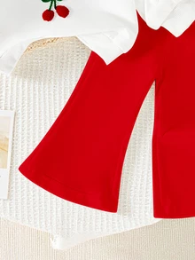SHEIN Playful Pals 2件組 0-3歲女嬰白色與紅色圓領運動衫 3D刺繡感櫻桃印花 & 素色喇叭褲套裝 秋季可愛親子穿搭 - 彩色 - 查看 7