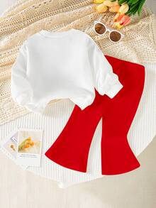 SHEIN Playful Pals 2件組 0-3歲女嬰白色與紅色圓領運動衫 3D刺繡感櫻桃印花 & 素色喇叭褲套裝 秋季可愛親子穿搭 - 彩色 - 查看 3