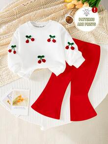 SHEIN Playful Pals 2件組 0-3歲女嬰白色與紅色圓領運動衫 3D刺繡感櫻桃印花 & 素色喇叭褲套裝 秋季可愛親子穿搭 - 彩色 - 查看 4
