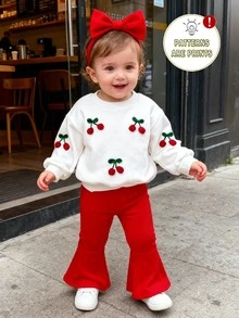 SHEIN Playful Pals 2件組 0-3歲女嬰白色與紅色圓領運動衫 3D刺繡感櫻桃印花 & 素色喇叭褲套裝 秋季可愛親子穿搭 - 彩色 - 查看 2