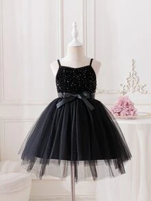 SHEIN Glamorique Kids 黑色細肩帶亮片公主禮服，無袖薄紗芭蕾舞裙緞面蝴蝶結腰帶，適合生日派對、婚禮舞蹈、冬季穿著 - 黑色 - 查看 5