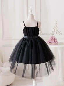 SHEIN Glamorique Kids 黑色細肩帶亮片公主禮服，無袖薄紗芭蕾舞裙緞面蝴蝶結腰帶，適合生日派對、婚禮舞蹈、冬季穿著 - 黑色 - 查看 4