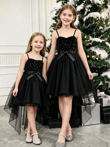 SHEIN Glamorique Kids 黑色細肩帶亮片公主禮服，無袖薄紗芭蕾舞裙緞面蝴蝶結腰帶，適合生日派對、婚禮舞蹈、冬季穿著 - 黑色 - 查看 8