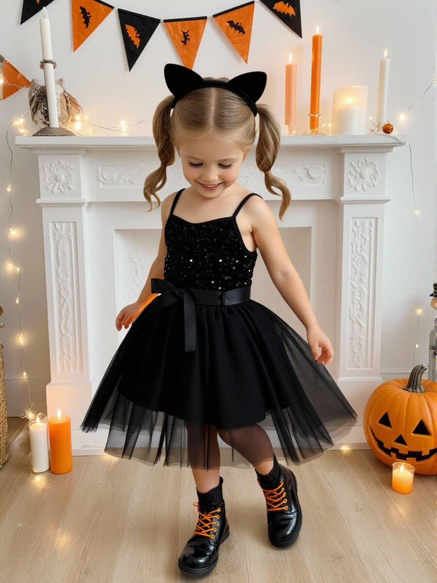 SHEIN Glamorique Kids 黑色細肩帶亮片公主禮服,無袖薄紗芭蕾舞裙緞面蝴蝶結腰帶,適合生日派對、婚禮舞蹈、冬季穿著 - 黑色 - 查看 1