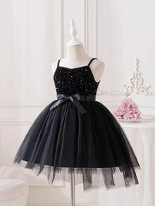 SHEIN Glamorique Kids 黑色細肩帶亮片公主禮服，無袖薄紗芭蕾舞裙緞面蝴蝶結腰帶，適合生日派對、婚禮舞蹈、冬季穿著 - 黑色 - 查看 2