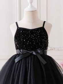 SHEIN Glamorique Kids 黑色細肩帶亮片公主禮服，無袖薄紗芭蕾舞裙緞面蝴蝶結腰帶，適合生日派對、婚禮舞蹈、冬季穿著 - 黑色 - 查看 6