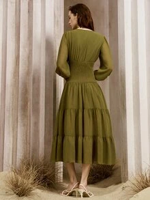 Arave Women's Dress A-Line Swing Chiffon Shirred Button Smocked Tiered Elastic Sleeve Elegant Vintage Olive Green Brunch Autumn - Green - View 2