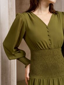 Arave Women's Dress A-Line Swing Chiffon Shirred Button Smocked Tiered Elastic Sleeve Elegant Vintage Olive Green Brunch Autumn - Green - View 6