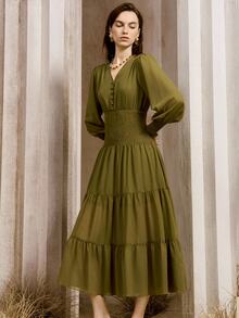 Arave Women's Dress A-Line Swing Chiffon Shirred Button Smocked Tiered Elastic Sleeve Elegant Vintage Olive Green Brunch Autumn - Green - View 1