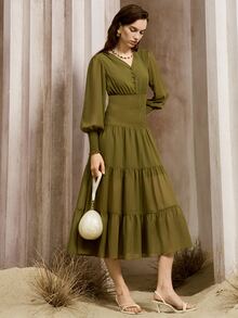 Arave Women's Dress A-Line Swing Chiffon Shirred Button Smocked Tiered Elastic Sleeve Elegant Vintage Olive Green Brunch Autumn - Green - View 4