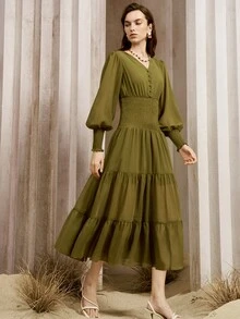 Arave Women's Dress A-Line Swing Chiffon Shirred Button Smocked Tiered Elastic Sleeve Elegant Vintage Olive Green Brunch Autumn - Green - View 3