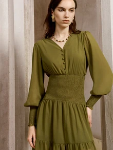 Arave Women's Dress A-Line Swing Chiffon Shirred Button Smocked Tiered Elastic Sleeve Elegant Vintage Olive Green Brunch Autumn - Green - View 5