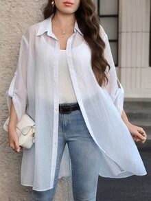 Reflora Plus Size Lace Trim Back Slit Tie-Up Blouse - Blue - View 6