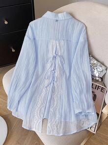 Reflora Plus Size Lace Trim Back Slit Tie-Up Blouse - Blue - View 1