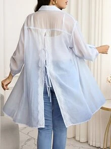 Reflora Plus Size Lace Trim Back Slit Tie-Up Blouse - Blue - View 4