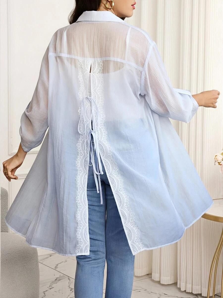 SHEIN Clasi 大尺碼蕾絲飾邊後開衩綁帶襯衫 - 藍色 - 查看 1