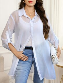 Reflora Plus Size Lace Trim Back Slit Tie-Up Blouse - Blue - View 2