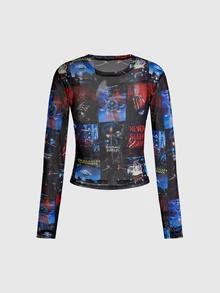 A Nightmare on Elm Street X ROMWE Women's Fashion Letter Print Crew Neck Long Sleeve Top Streetwear - Multicolor - View 6