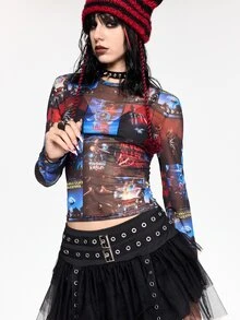 A Nightmare on Elm Street X ROMWE Women's Fashion Letter Print Crew Neck Long Sleeve Top Streetwear - Multicolor - View 15