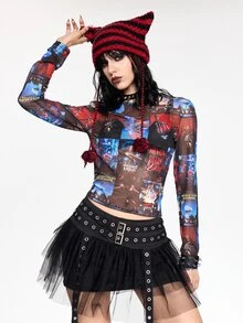 A Nightmare on Elm Street X ROMWE Women's Fashion Letter Print Crew Neck Long Sleeve Top Streetwear - Multicolor - View 17