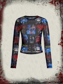 A Nightmare on Elm Street X ROMWE Women's Fashion Letter Print Crew Neck Long Sleeve Top Streetwear - Multicolor - View 1