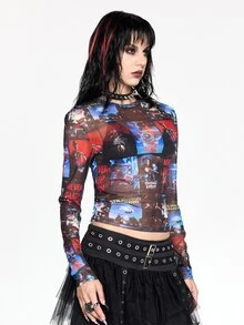 A Nightmare on Elm Street X ROMWE Women's Fashion Letter Print Crew Neck Long Sleeve Top Streetwear - Multicolor - View 8