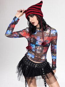 A Nightmare on Elm Street X ROMWE Women's Fashion Letter Print Crew Neck Long Sleeve Top Streetwear - Multicolor - View 16