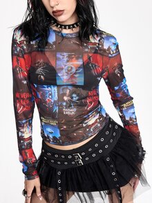 A Nightmare on Elm Street X ROMWE Women's Fashion Letter Print Crew Neck Long Sleeve Top Streetwear - Multicolor - View 4